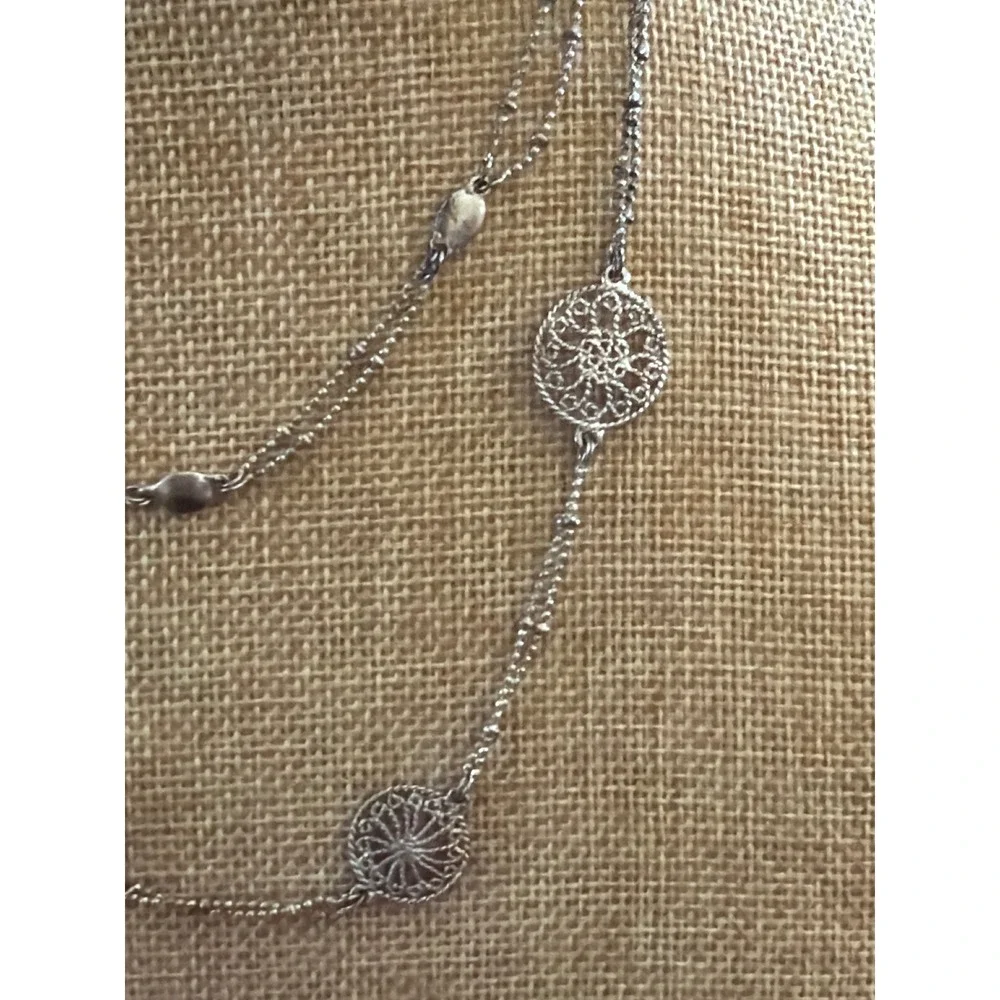 Silver Tone Double Strand Filigree Medallion Long Station Necklace Boho Layering